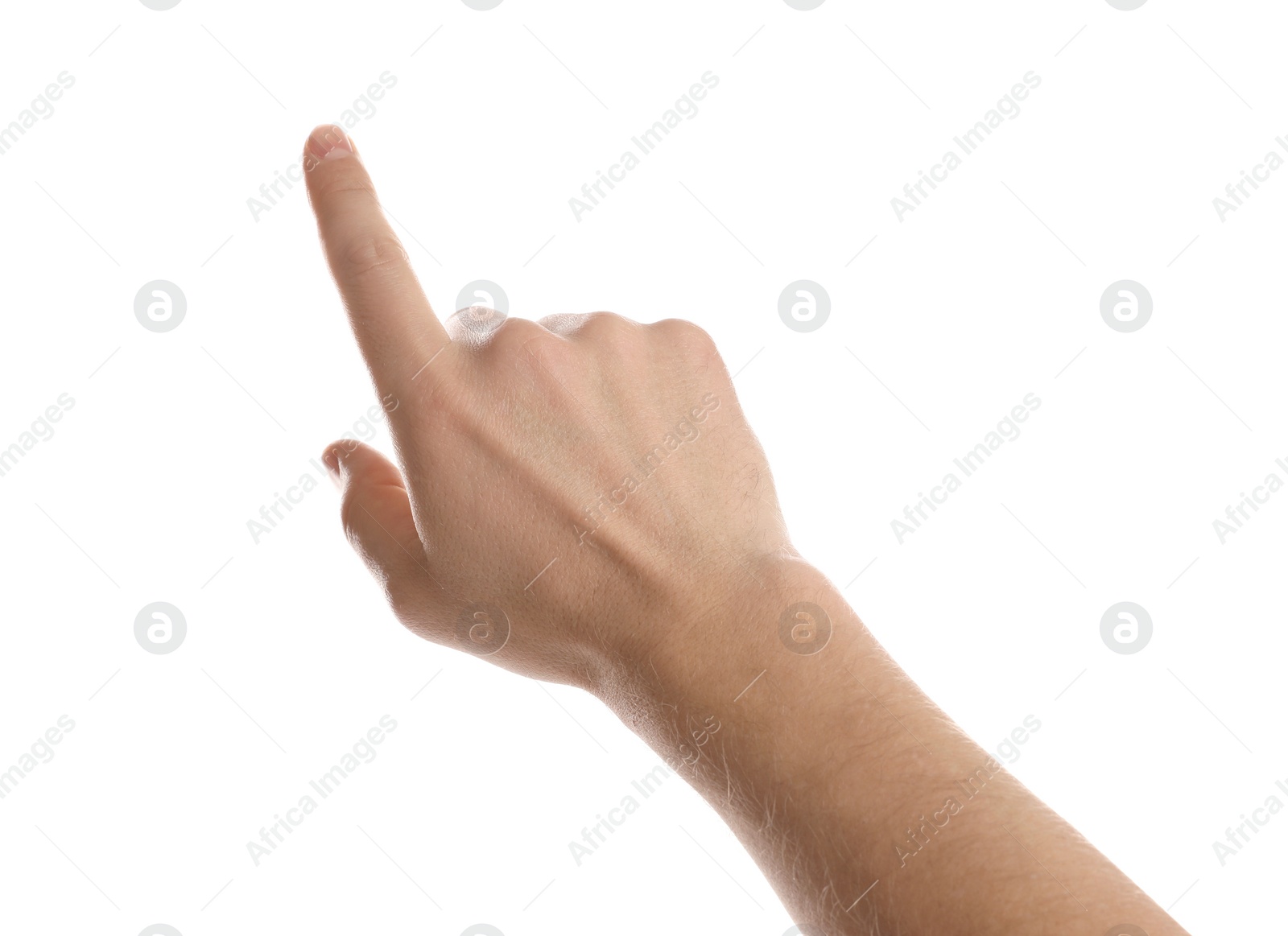 Photo of Man pointing at something on white background, closeup of hand