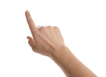 Photo of Man pointing at something on white background, closeup of hand