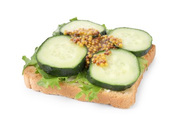 Photo of Tasty cucumber sandwich with arugula and mustard isolated on white
