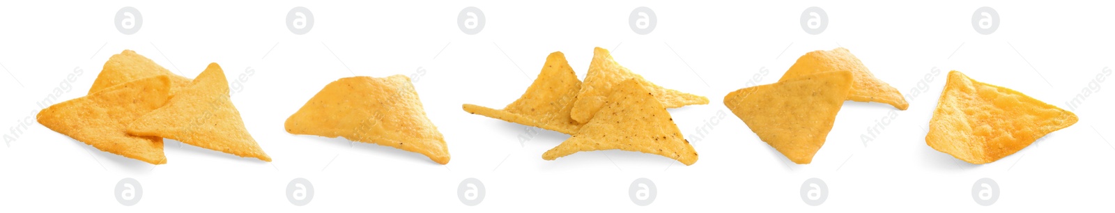 Image of Set with tasty tortilla chips (nachos) on white background. Banner design