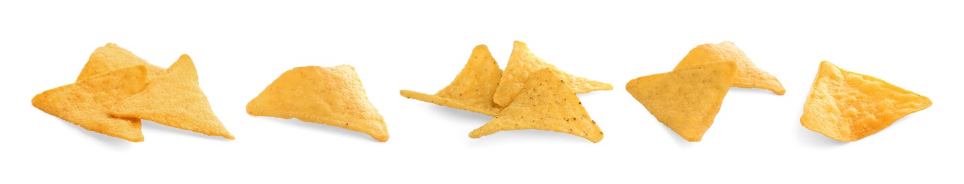 Image of Set with tasty tortilla chips (nachos) on white background. Banner design