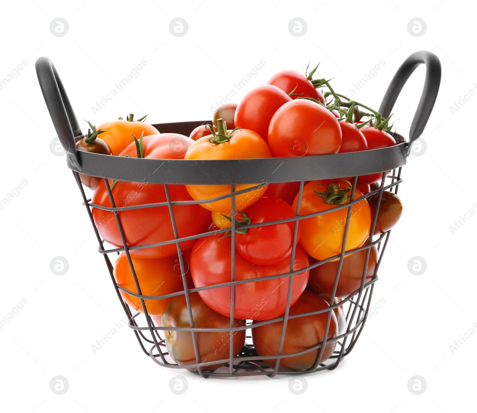 Photo of Fresh ripe tomatoes in basket on white background