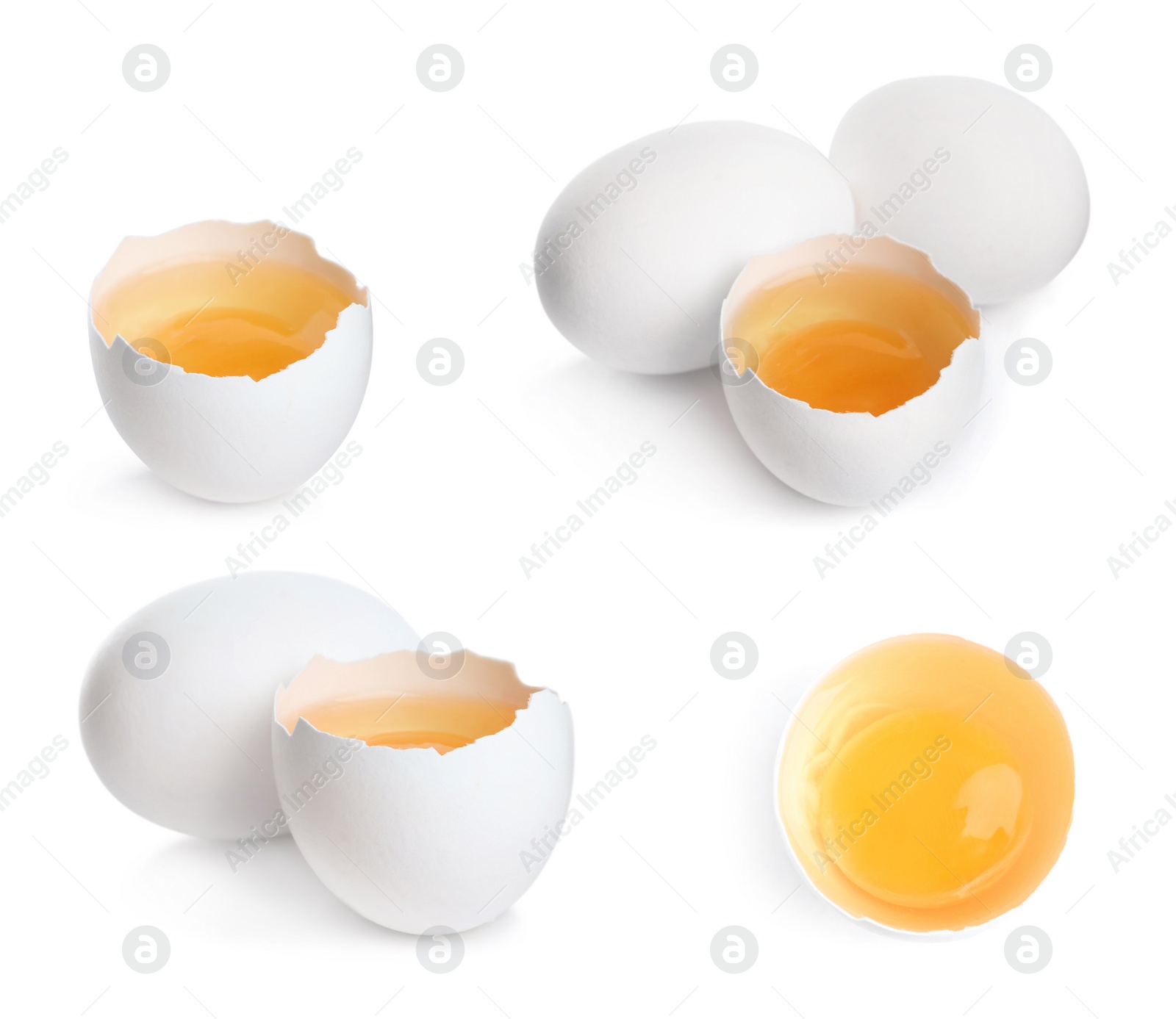 Image of Set of whole and broken eggs on white background