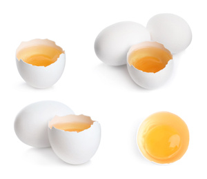 Set of whole and broken eggs on white background