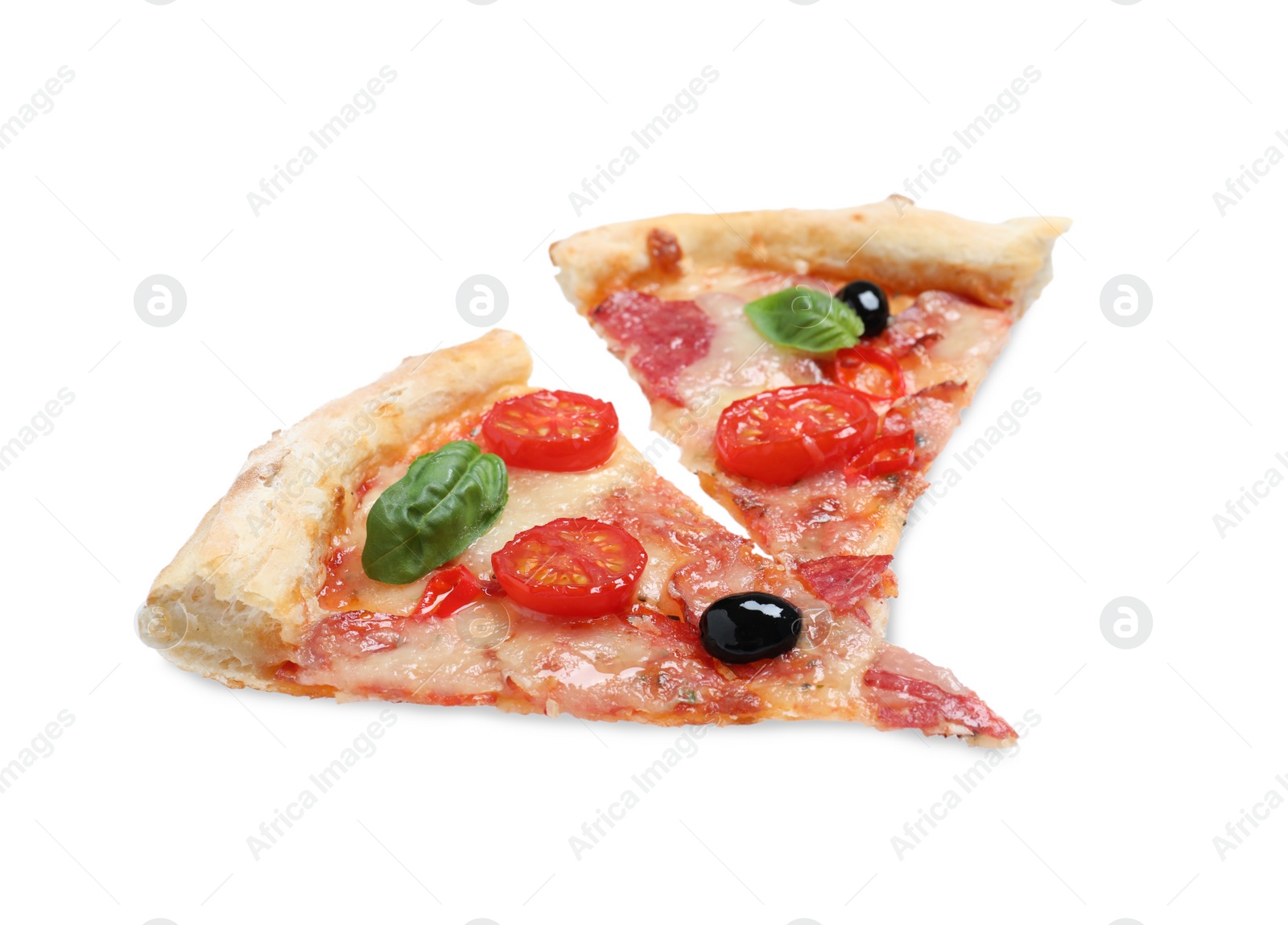 Photo of Slices of delicious pizza Diablo isolated on white