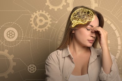Image of Memory. Woman with illustration of brain trying to remember something on beige background with scheme