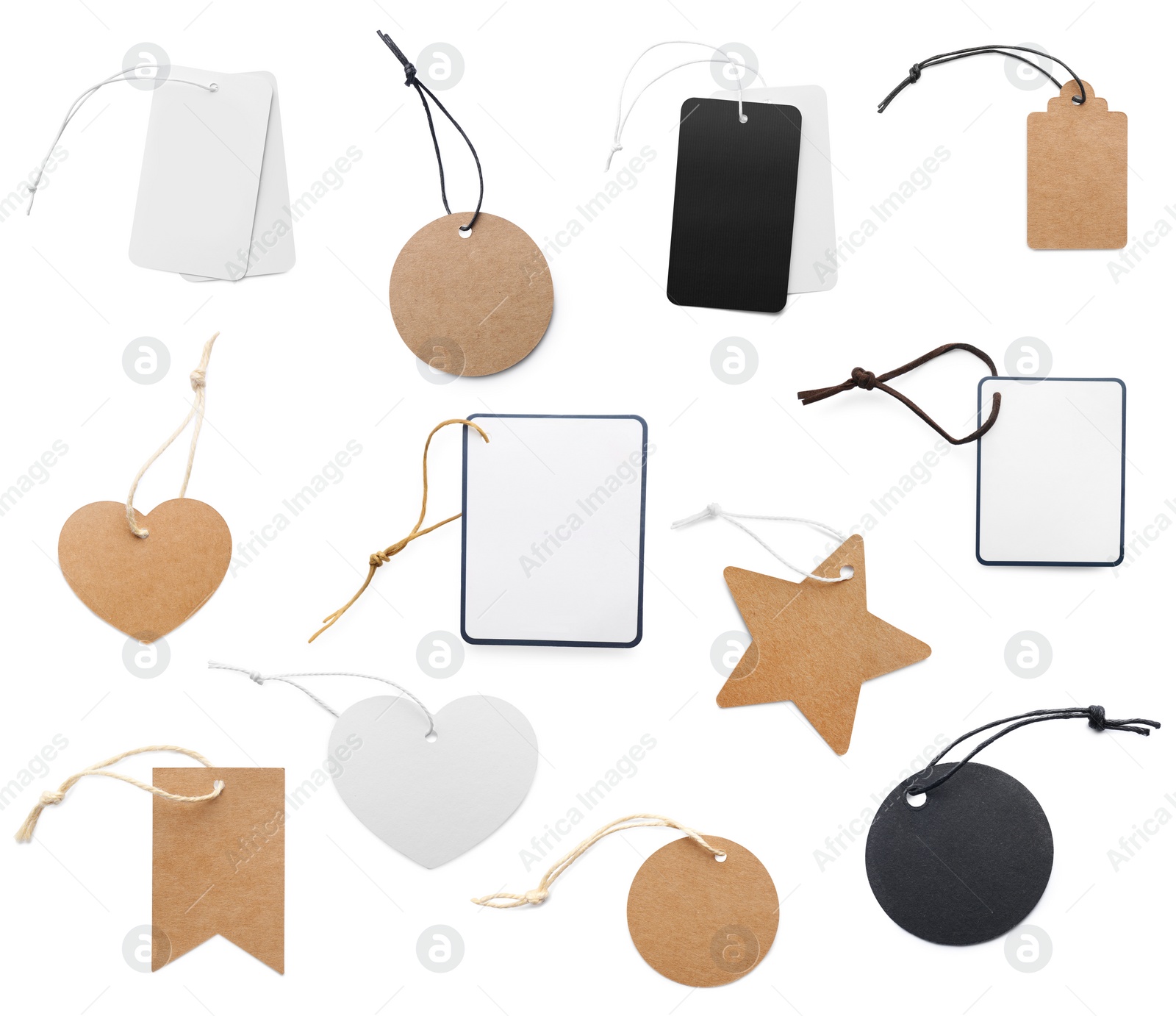 Image of Set with different blank tags on white background, top view. Space for text