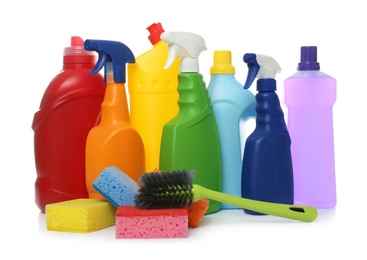 Photo of Different cleaning products and tools on white background