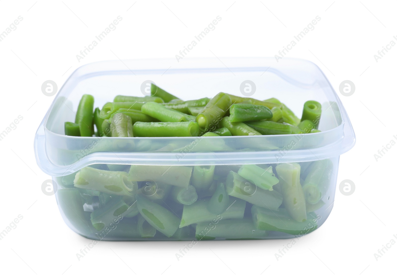 Photo of Fresh green beans in plastic container isolated on white