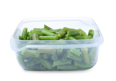 Photo of Fresh green beans in plastic container isolated on white