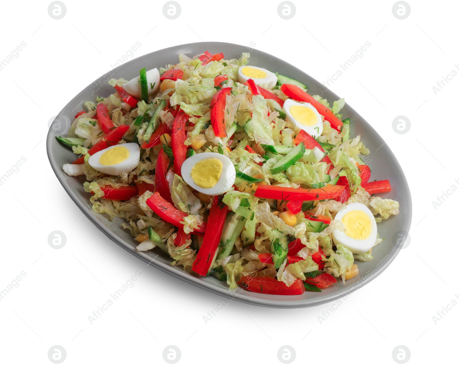 Photo of Plate of delicious salad with Chinese cabbage and quail eggs isolated on white