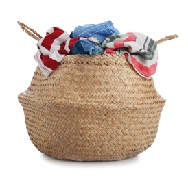 Photo of Wicker laundry basket with kitchen towels isolated on white