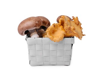 Photo of Basket of fresh chanterelle and champignon mushrooms isolated on white