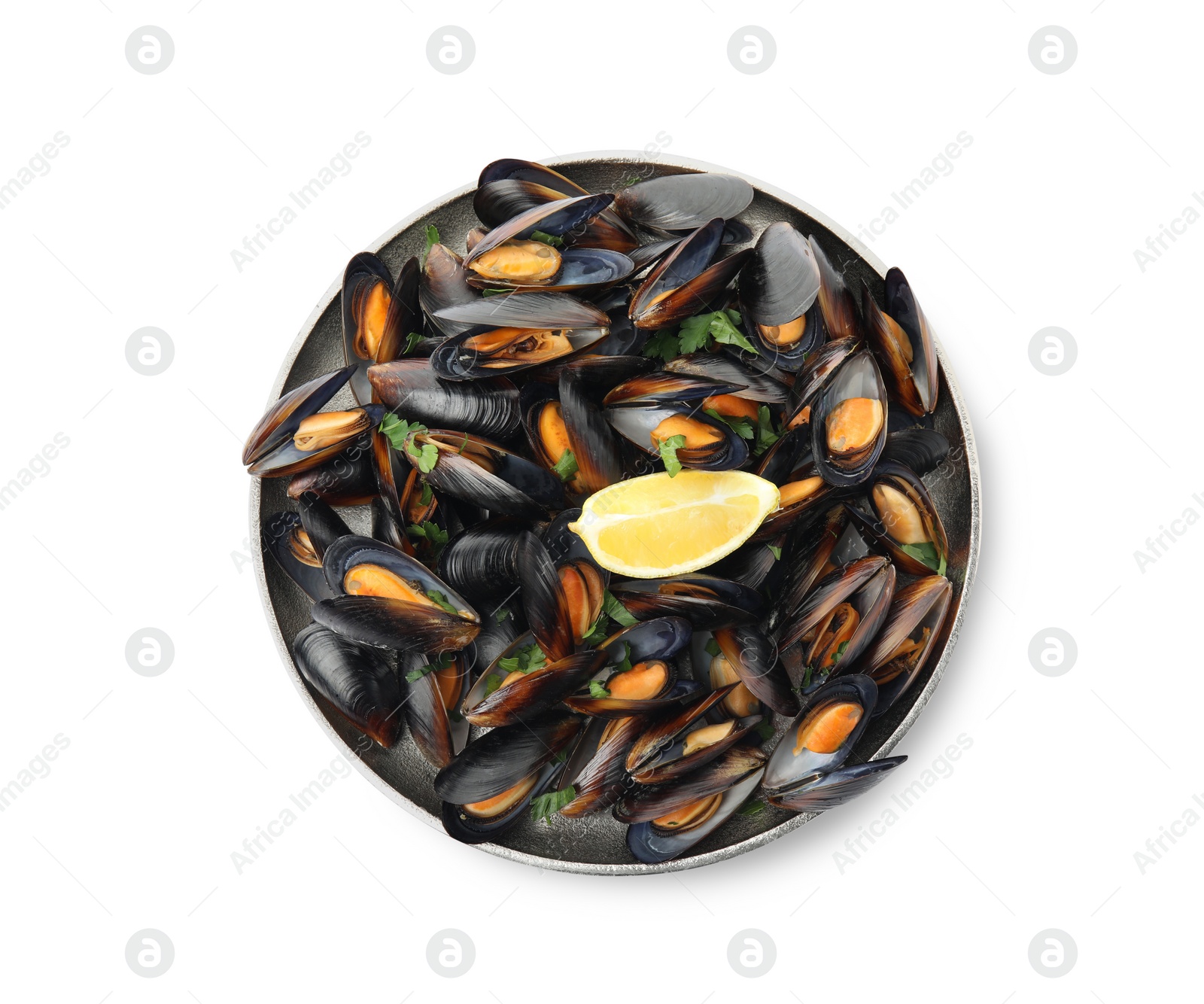 Photo of Plate with cooked mussels, parsley and lemon isolated on white, top view