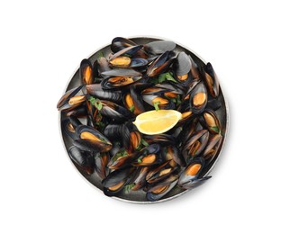 Photo of Plate with cooked mussels, parsley and lemon isolated on white, top view