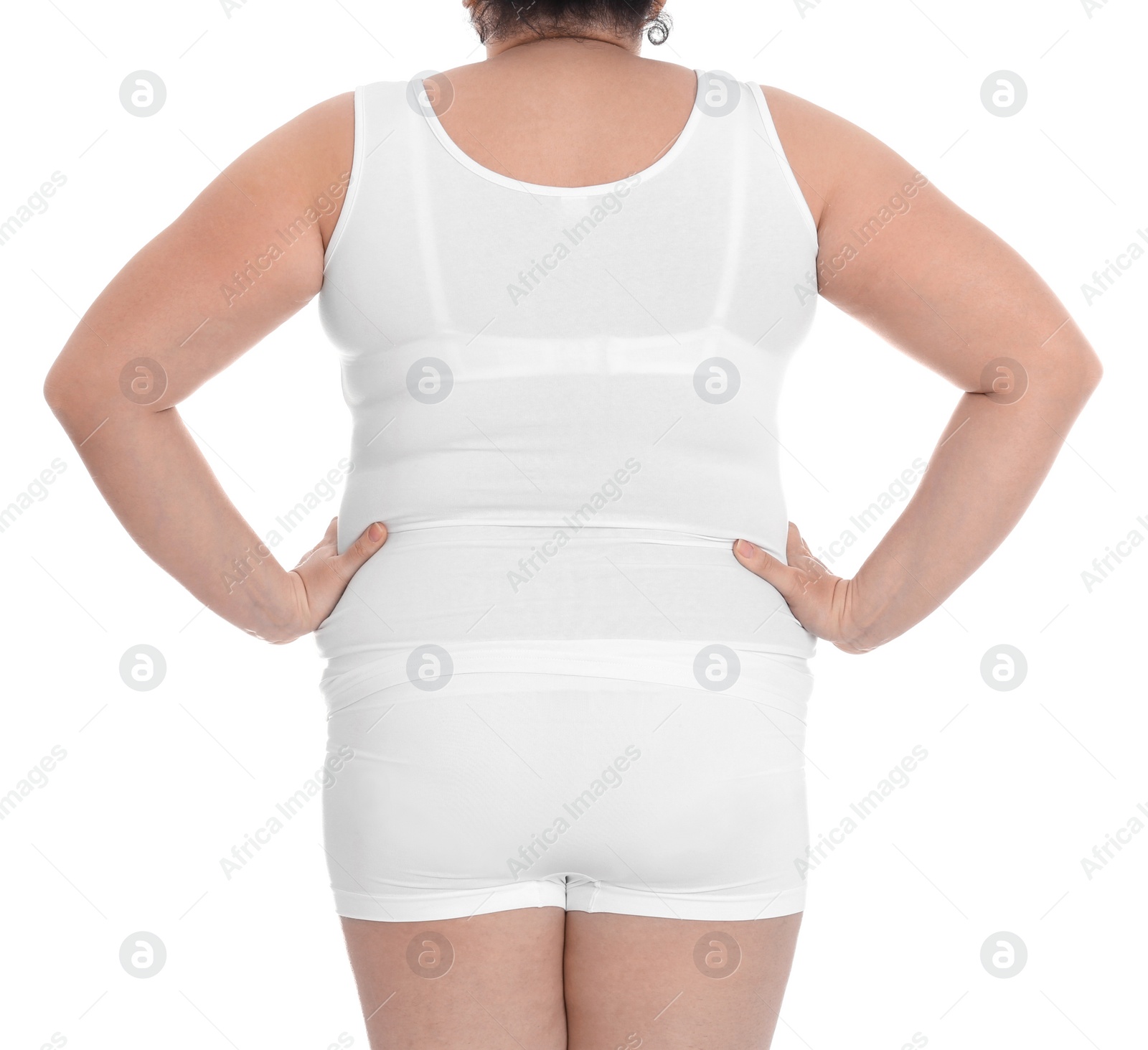 Photo of Overweight woman on white background, closeup. Weight loss