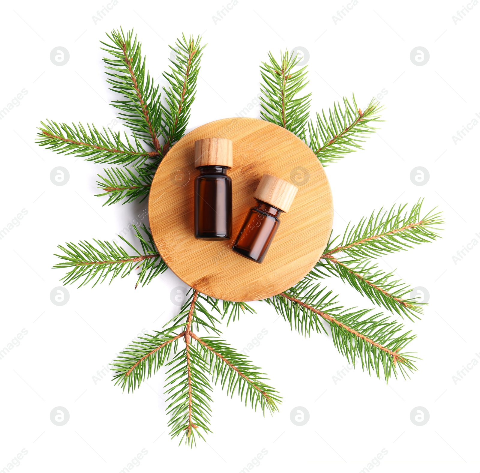 Photo of Bottles of pine essential oil on white background, top view