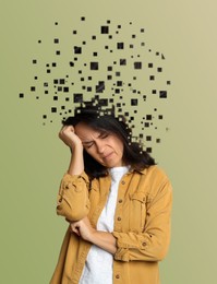 Image of Thoughtful woman with flying pixels from her head symbolizing amnesia on olive background