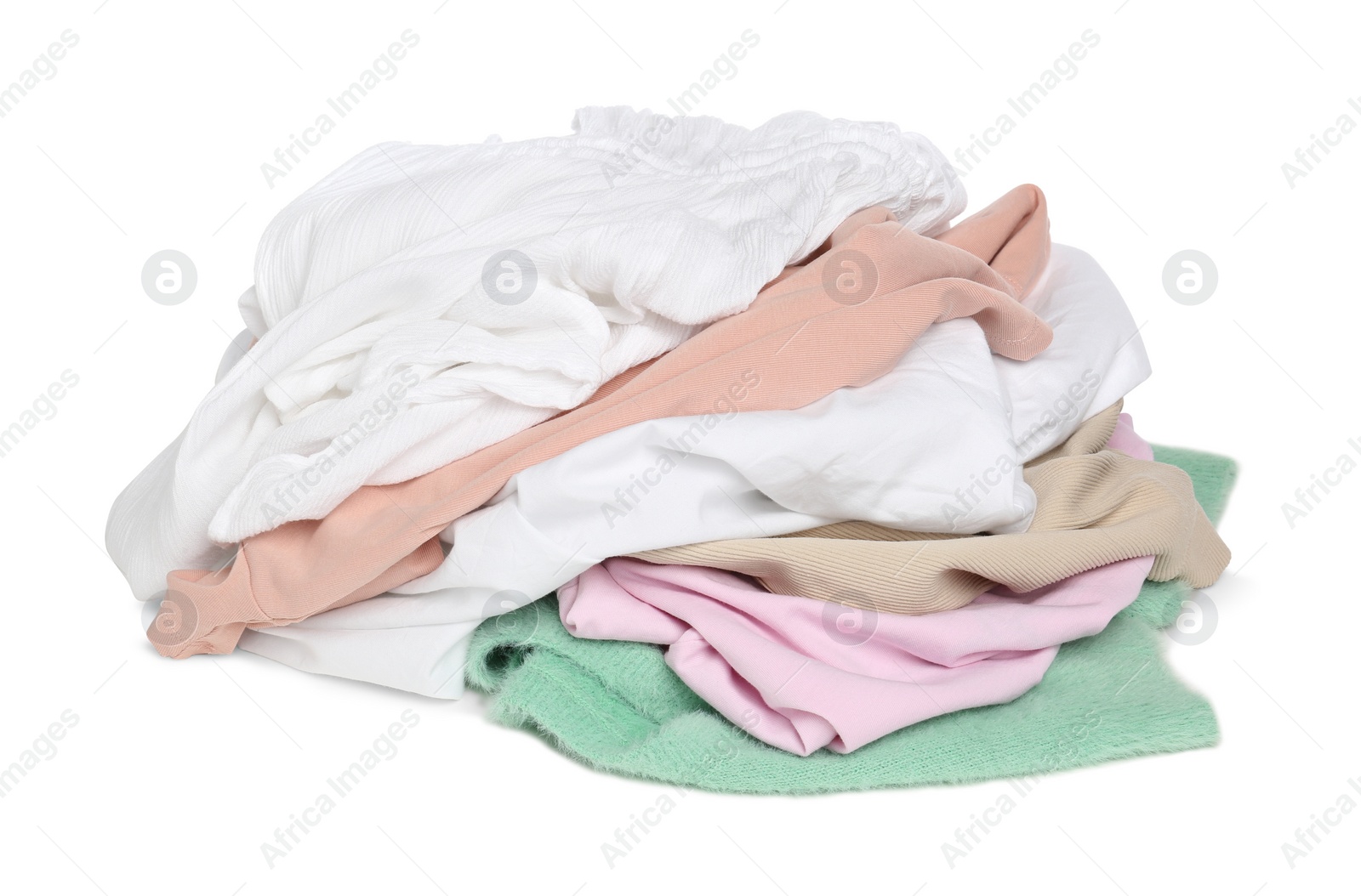 Photo of Pile of colorful clothes isolated on white