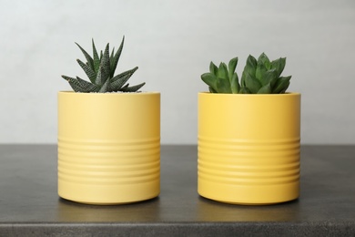 Houseplants in yellow tin cans on grey stone table