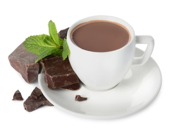 Photo of Cup of delicious hot chocolate, chunks and fresh mint on white background