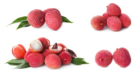 Set of delicious fresh lychees on white background. Banner design 