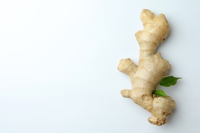 Fresh ginger with green leaves on white background, top view. Space for text