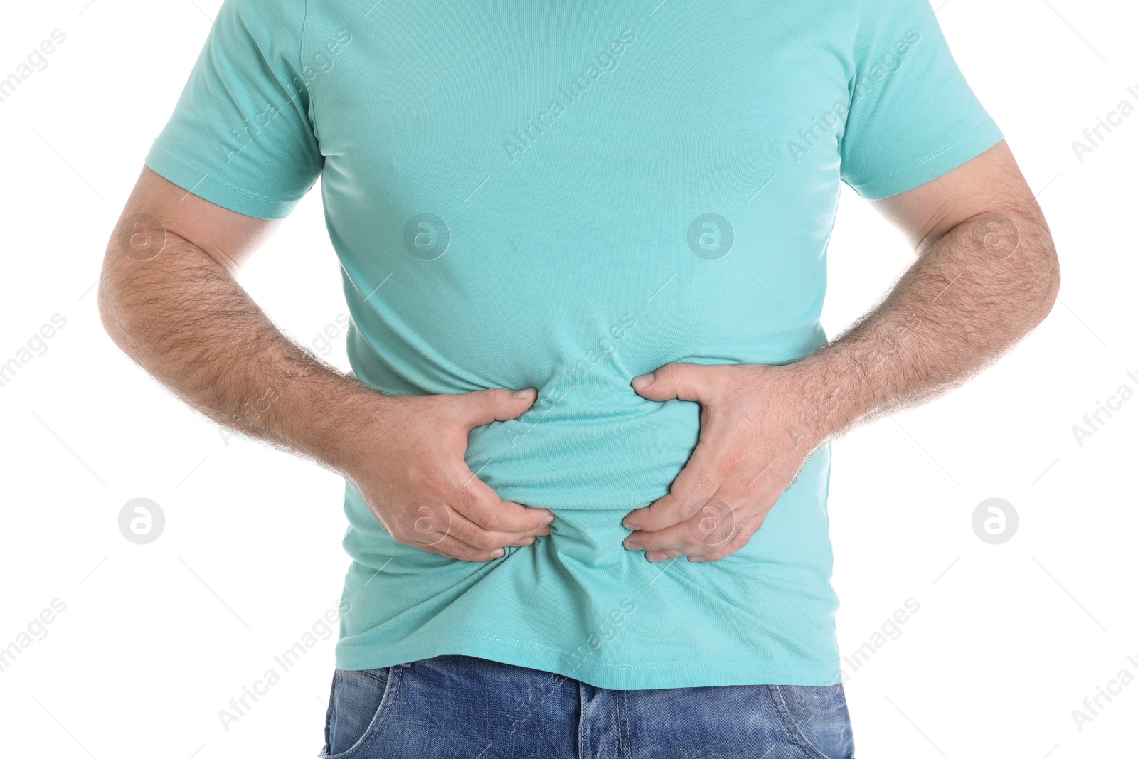 Photo of Overweight man with large belly isolated on white, closeup