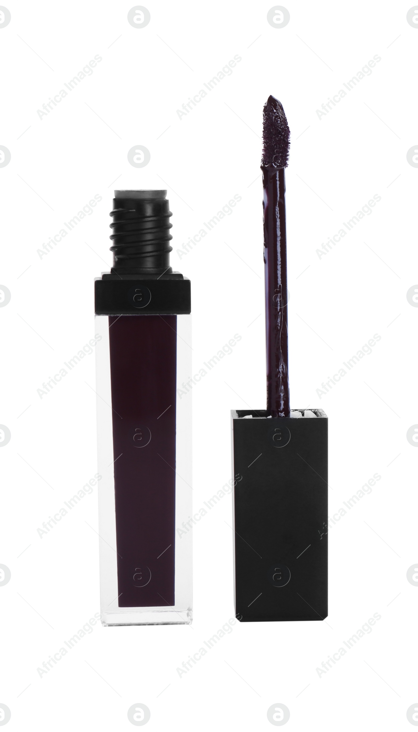 Photo of Dark lip gloss and applicator isolated on white. Cosmetic product