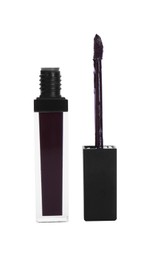 Dark lip gloss and applicator isolated on white. Cosmetic product