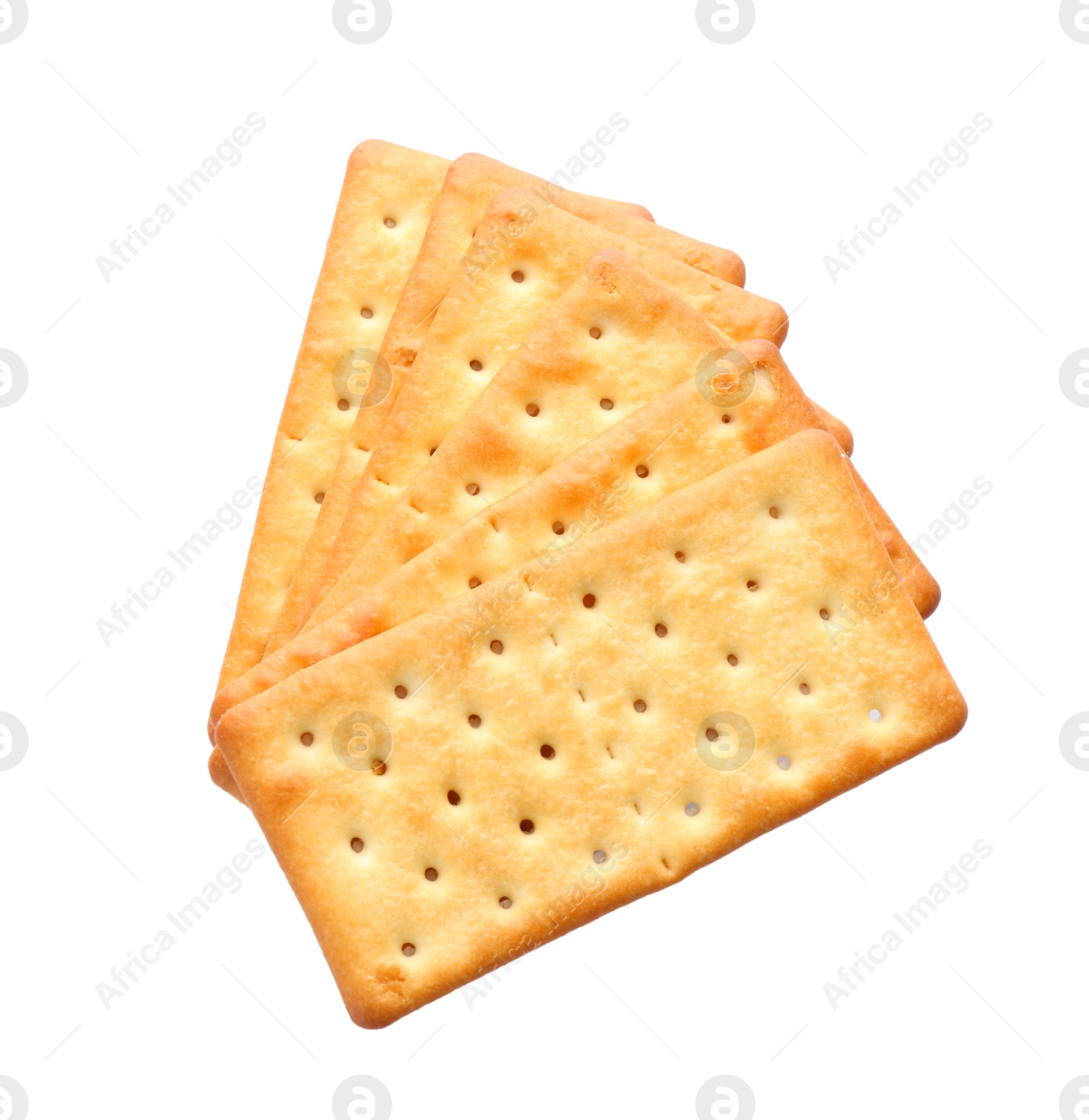 Photo of Stack of delicious crispy crackers isolated on white, top view