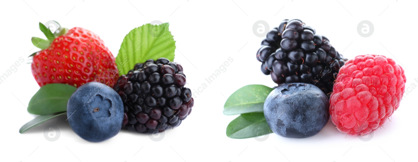 Image of Set of different mixed berries on white background, banner design 