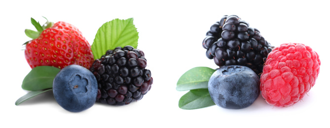 Image of Set of different mixed berries on white background, banner design 