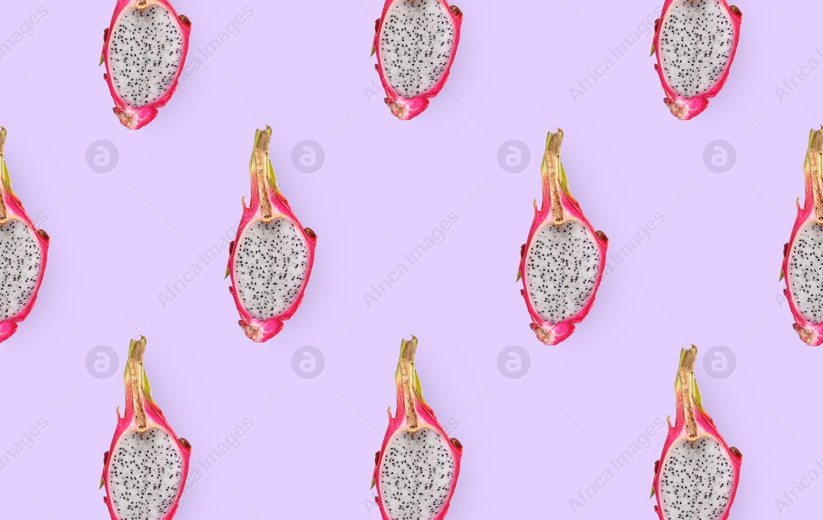 Image of Cut delicious exotic dragon fruits on lilac background, flat lay