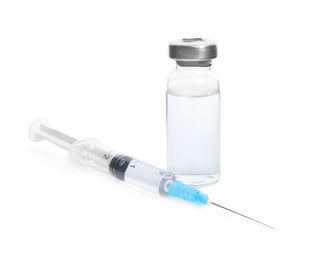 Photo of Vial and syringe on white background. Vaccination and immunization