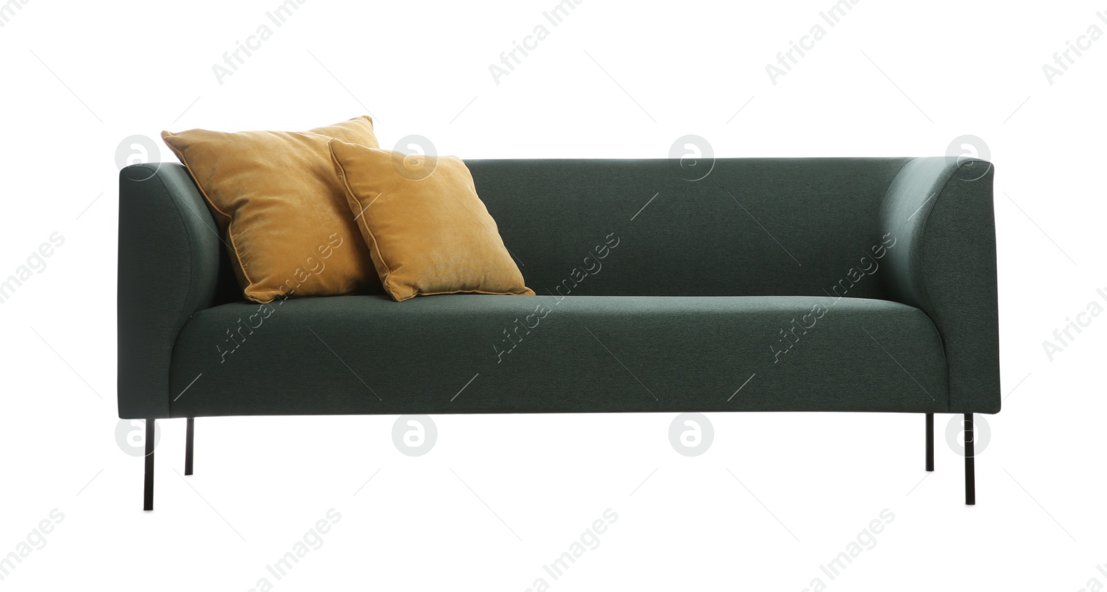 Photo of Comfortable green sofa with cushions on white background. Furniture for living room interior