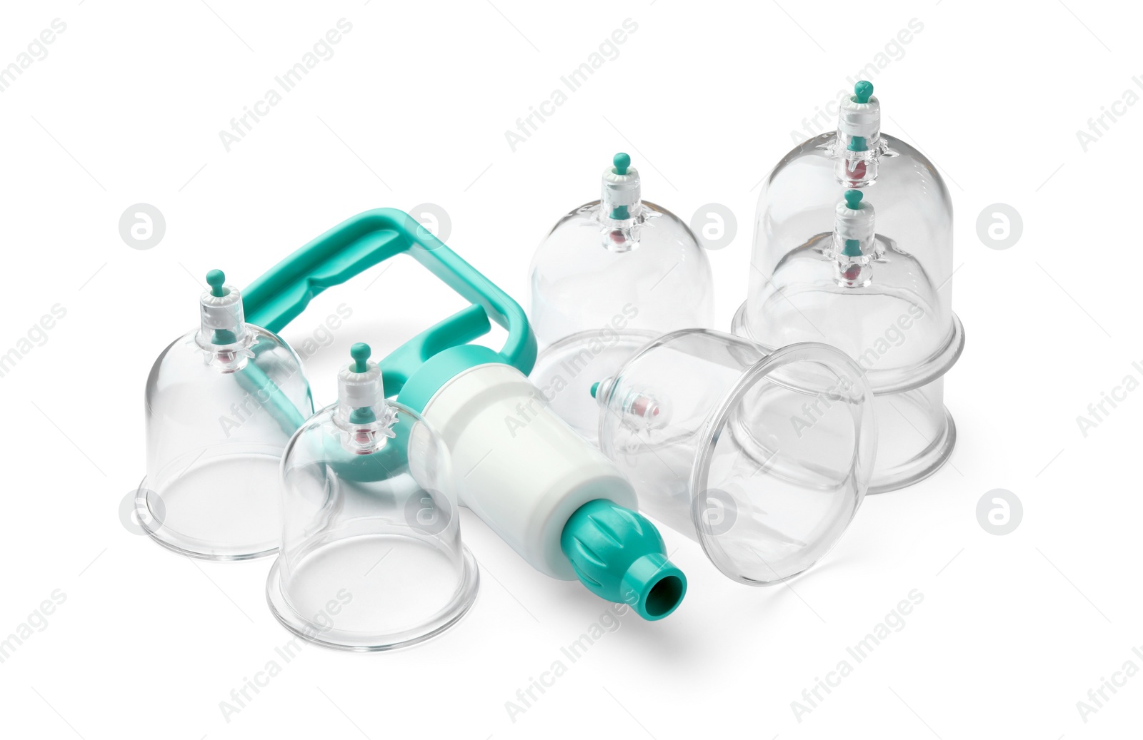 Photo of Plastic cups and hand pump isolated on white. Cupping therapy