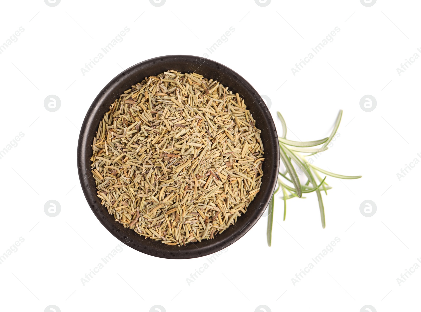 Photo of Bowl with fresh and dry rosemary isolated on white, top view