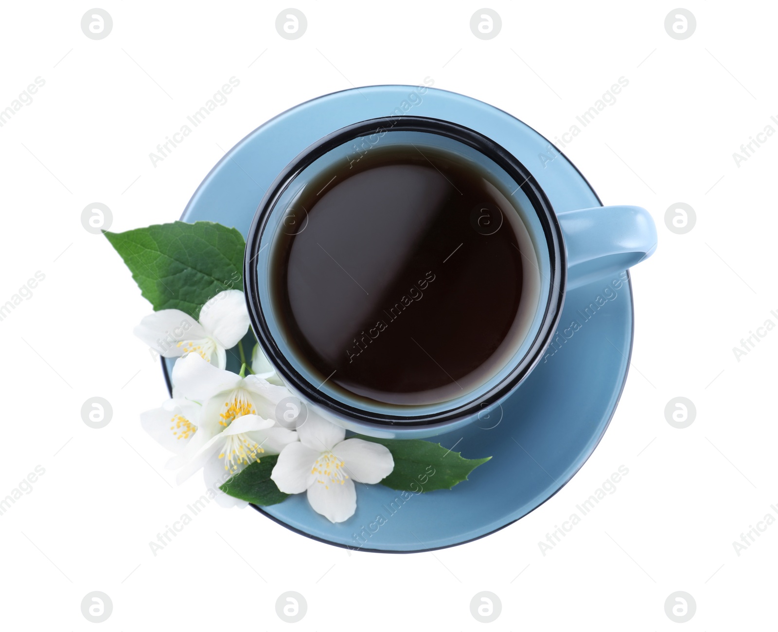 Photo of Cup of tea and fresh jasmine flowers isolated on white, top view