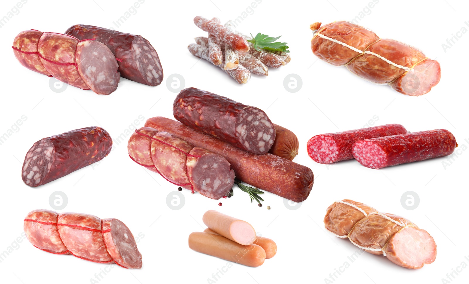 Image of Set with different tasty sausages on white background