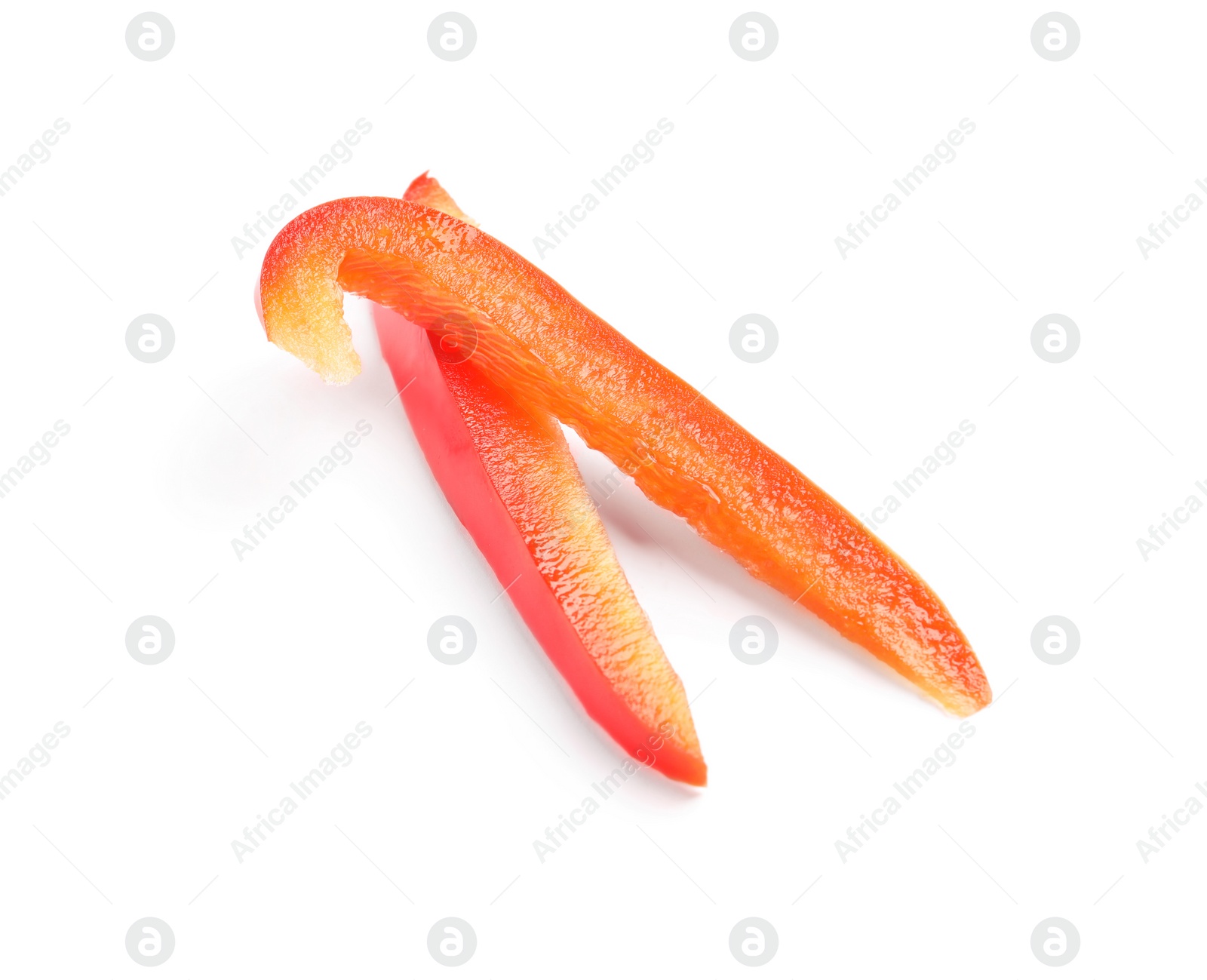 Photo of Slices of ripe red bell pepper on white background