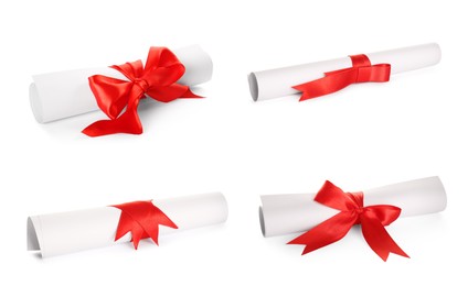 Rolled student's diplomas with red ribbons on white background, collage