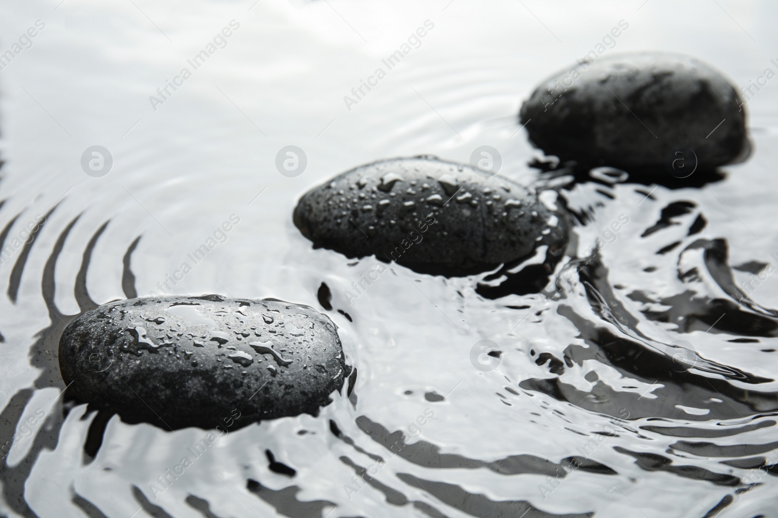 Photo of Spa stones in water, closeup. Zen lifestyle