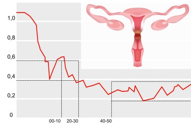 Illustration of Illustration of female reproductive system and fertility rate graph on white background