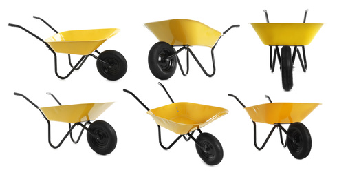 Image of Set of new yellow wheelbarrows on white background. Gardening tool