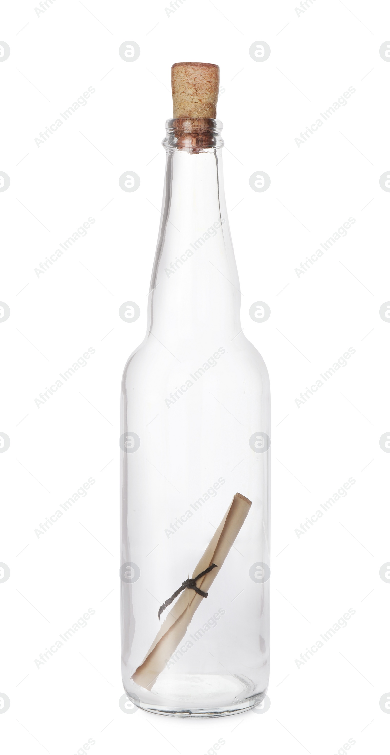 Photo of Message in corked glass bottle isolated on white