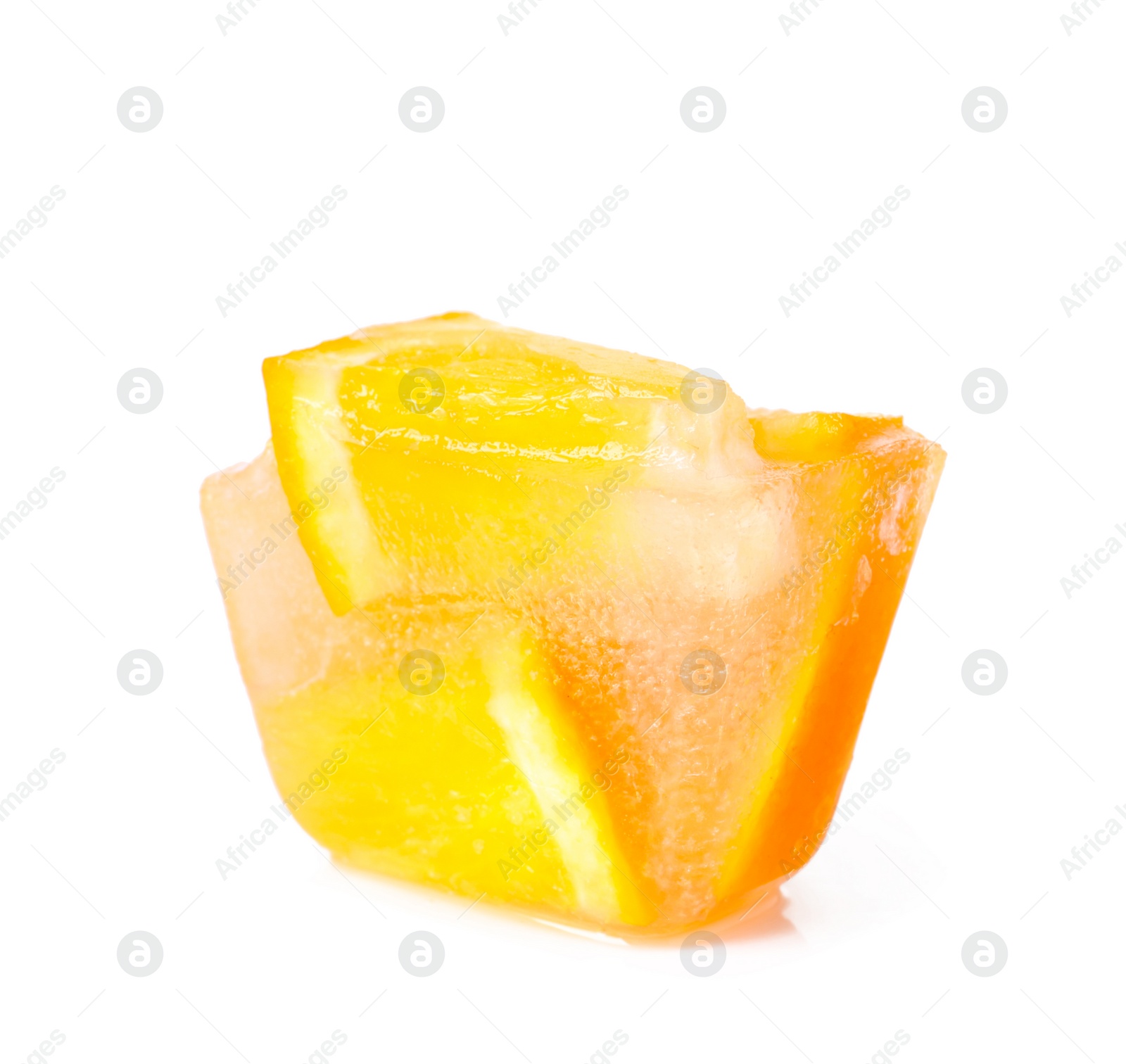 Photo of Ice cube with orange slices on white background