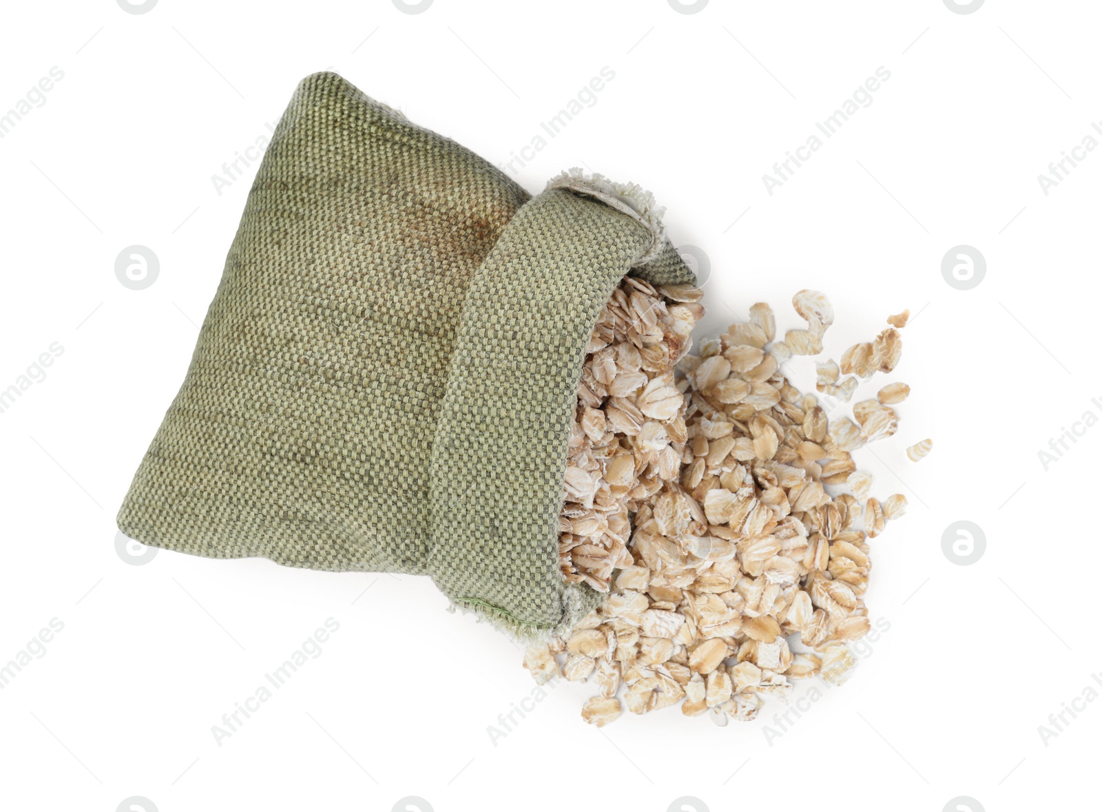 Photo of Raw oatmeal and sack bag on white background, top view