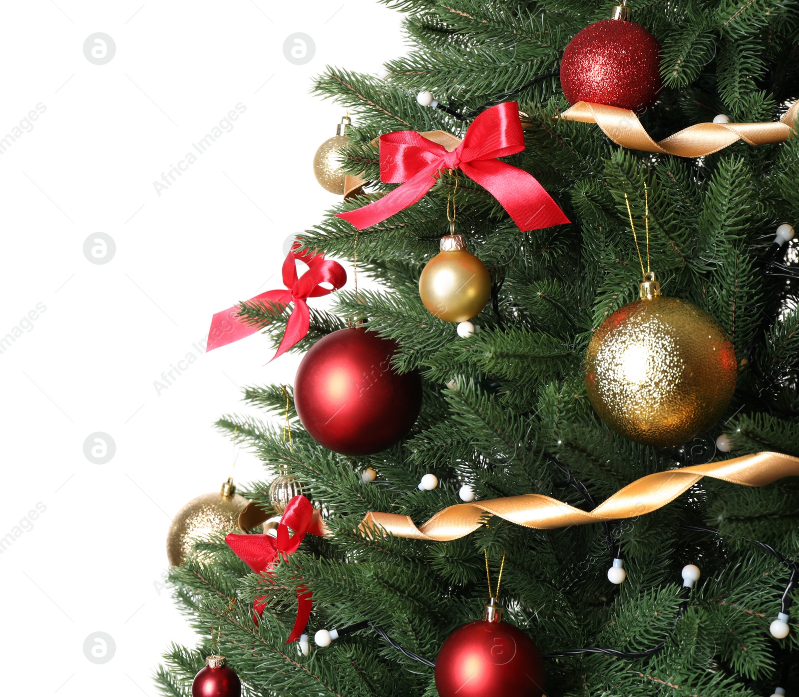 Photo of Beautiful Christmas tree with festive decor on white background