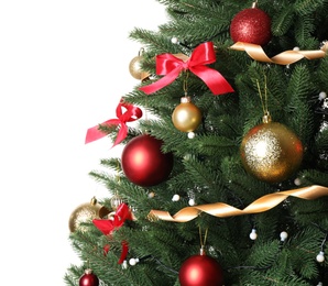 Beautiful Christmas tree with festive decor on white background